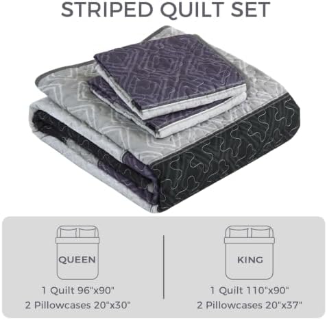 Cottolester Boho King Size Quilt Set,Black Purple Striped Bedsperads Set