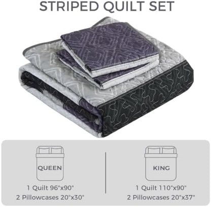Cottolester Boho King Size Quilt Set,Black Purple Striped Bedsperads Set
