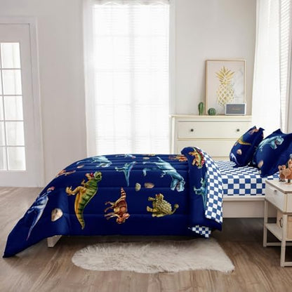 Kid Twin Comforter Set - 5 Pcs Dinosaur Bedding Set for Boys, Blue