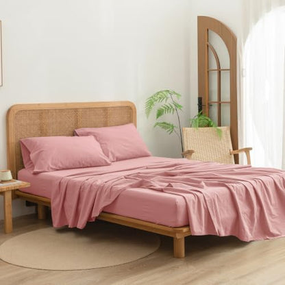 BESTOUCH Sheet Set 100% Washed Cotton Linen Feel Super Soft Comfortable Chic Lightweight 4 Pcs Home Bedding Set Solid Red Pink California King