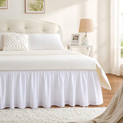 RIMELA White Bed Skirt King Size 15 Inch Drop, Elastic Bed Skirting for Bed Base and Frame, Bedding Dust Ruffle, Lightweight Wrap Around Adjustable Bedskirt, Cal King