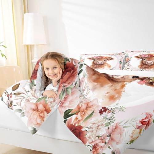 Feelyou Cute Highland Cow Comforter Set King Size Boys Girls Teens