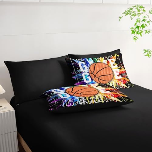 7Pcs Basketball Comforter Set Ball Sports Printed Bedding Set with 1 Comforter, 1 Flat Sheet, 1 Fitted Sheet and 4 Pillowcases for Boys and Girls Bedroom All Season(Basketball-3 Full