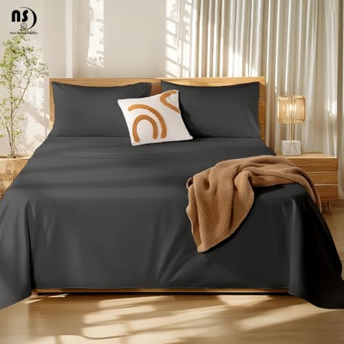 NON Sticky cotton King 4 Piece Sheet Set, 100% Long Staple Cotton, Soft Cooling Hotel Luxury Bedding Sheets, Deep Pocket Fits 10" to 18" Mattress, 78" x 80", Dark Grey Solid