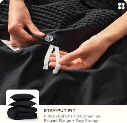 Bedsure PureWoven 3 Pieces 100% Cotton Waffle Weave Duvet Cover Set, Black