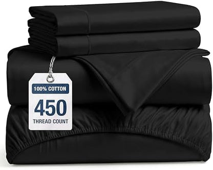 450TC 100% Long-Staple Cotton Sheets Cal King - Soft Sateen Weave, Black