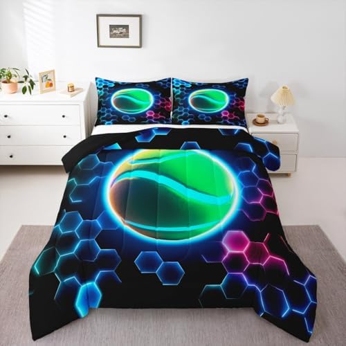 Erosebridal Tennis Kids Bedding | 3D Glitter Ball Pattern Full Comforter Sets,Colorful Neon Honeycomb Comforter Geometric Hexagon Duvet Insert with 2 Pillow Cases