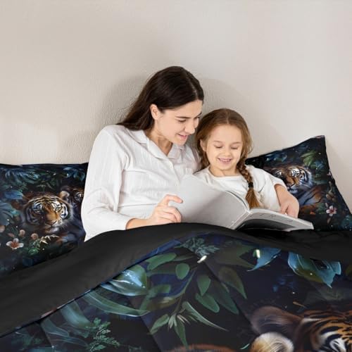 Couple Tiger Kids Comforter Set Twin Size,Floral Palm Leaf Tropical Plant Botanical Bedding Set,Girls Boys Room Decor,Wild Animal Tiger Fur Quilt Comforter,Brown Rustic Duvet Insert,1 Pillowcase