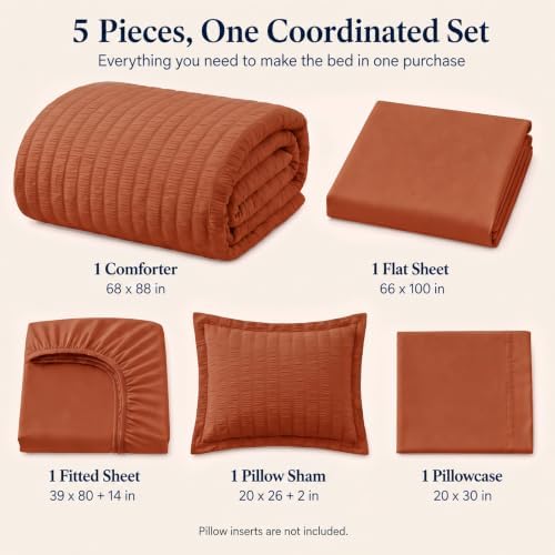 CozyLux Twin XL Comforter Set 5 Pieces Burnt Orange Seersucker Bed in a Bag