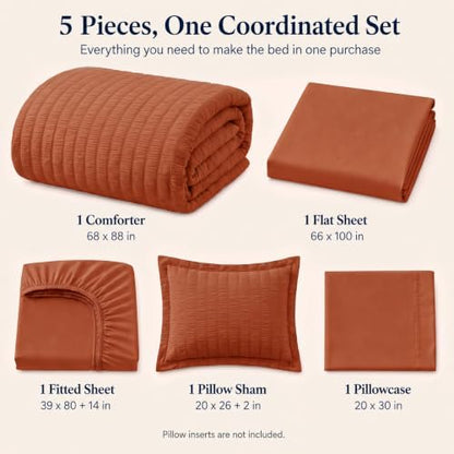 CozyLux Twin XL Comforter Set 5 Pieces Burnt Orange Seersucker Bed in a Bag