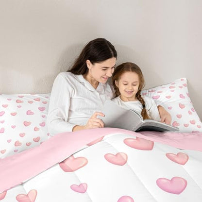 jejeloiu Pink Heart Comforter Set King Size Kawaii Bedding Set for Kids Boys Girls Dreamy Princess Style Duvet Quilt Bedroom Decor Microfiber 3 Pcs with 2 Pillow Cases