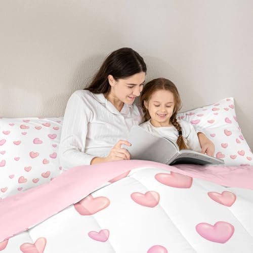 jejeloiu Pink Heart Comforter Set Twin Size Kawaii Bedding Set for Kids Boys Girls Dreamy Princess Style Duvet Quilt Bedroom Decor Microfiber 2 Pcs with 1 Pillow Cases