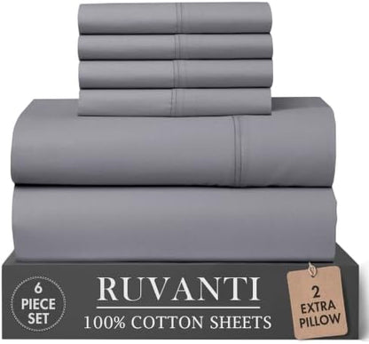 RUVANTI 100% Cotton California King Sheet Set, Percale Sheets, Cool Gray