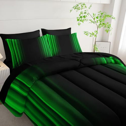 Nttopship Green and Black Bedding Set King Size Abstract Ombre Comforter Set Bedding Set 7 Piece in A Bag,Dark Quilt Set Mordern Art Decor All Seasons with Pillowcases,Flat, Fitted Sheet
