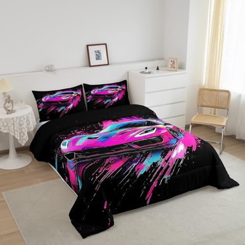 Homewish Teens Cool Sports Car Comforter Set Queen Size,Race Car Bedding Set for Kids Boys Girls Bedroom Decoration,Extreme Sports Bed Duvet Insert,Racing Theme Comforter with 2 Pillowcases