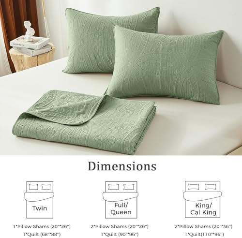 akkialla King Size Quilt Set,Sage Green Ultrasonic Bedspread,Lightweight Soft Coverlet with Modern Coin Pattern,All Season California King Bedding Set,3 Piece Set(1 Quilt,2 Pillow Shams)