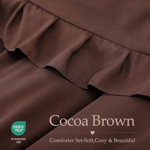 JANZAA Brown Comforter Set Queen, Ruffle Soft Bedding