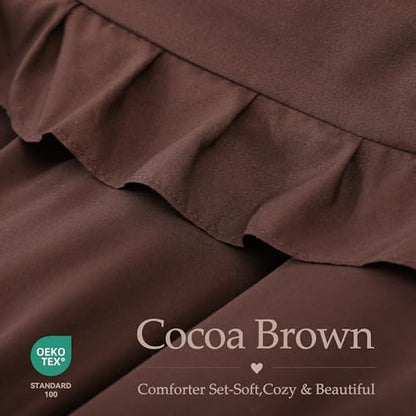 JANZAA Brown Comforter Set Full, Ruffle Soft Bedding