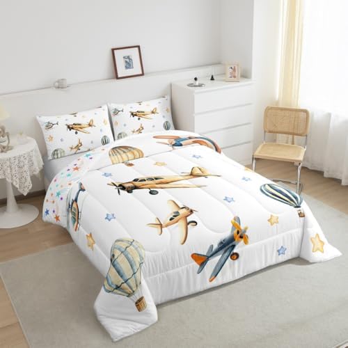 Erosebridal Cute Propeller Plane Queen Bedding Set, Cartoon Airplane Aircraft Comforter Set for Kids Boys Teens Child Girls Adults Bedroom, Hot Air Balloon Comforter, Star Print Quilt