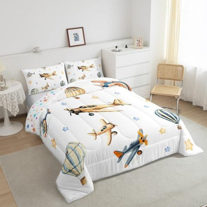 Erosebridal Cute Propeller Plane Queen Bedding Set, Cartoon Airplane Aircraft Comforter Set for Kids Boys Teens Child Girls Adults Bedroom, Hot Air Balloon Comforter, Star Print Quilt