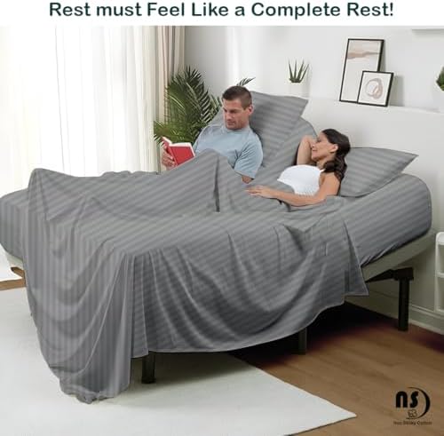 Split King Sheet Sets for Adjustable Beds Deep Pocket, Twin XL Fitted Sheet Sets for Adjustable Bed Split King 100% Extra Long Staple Cotton Deep Pocket Sheets 10-18 Inches Light Grey Stripe