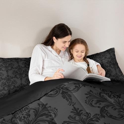 Manfei Black Damask Comforter Set Twin Size, Gothic Vintage Damask Floral Bedding Set 2pcs, Antique Victorian Baroque Down Comforter for All Season, Man Woman Adult Room Decor, 1 Pillowcase, No Sheets