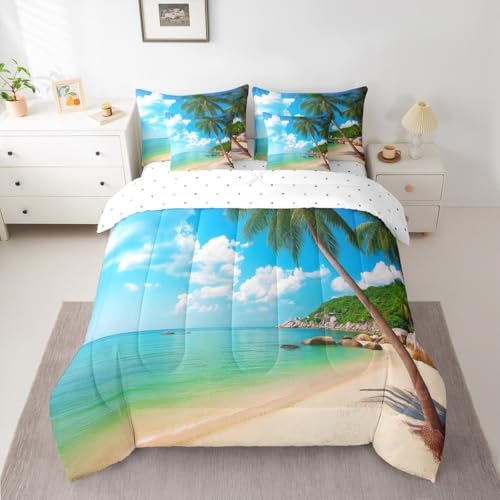 Erosebridal Ocean Beach King Size Comforter Set, Palm Trees 7-Piece Bed in A Bag, Coastal Nature Theme Sheets and Pillowcases, Hawaiian Kids Boys Men Women Bedding Set Room Decor