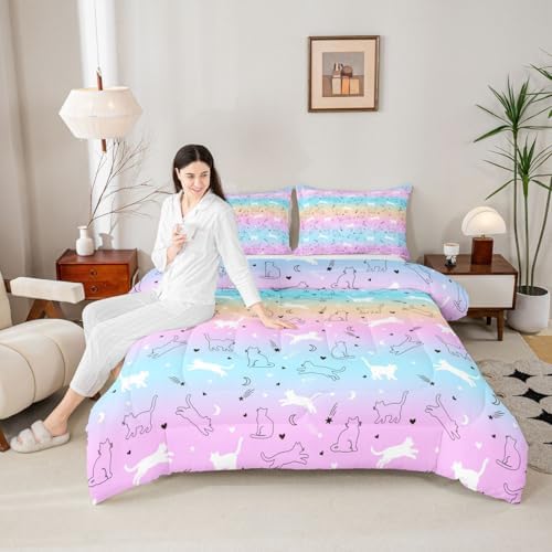 Kids Cute Cat Comforter Set - Full Gradient Line Bedding for Boys & Girls - Lovely Cartoon Pet Cats, Kawaii Kitten Print Duvet Insert, Animal Themed Design Quilt