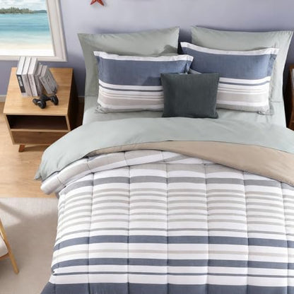 Twin XL Comforter Set Striped Sea Blue 5 Pieces Bed in a Bag for Dorm