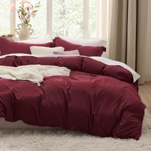 Bedsure Prewashed Duvet Cover Queen, Cotton-Like Bedding Set, Burgundy