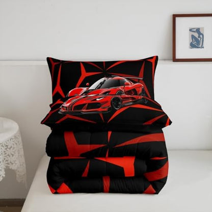 Castle Fairy Racing Car Comforter Set King Size,Extreme Sport Theme Abstract Geometric Lines Down Alternative Adults Bedroom Decor,Red Race Car Ultra Soft Microfiber Inner Fill 3 Pcs Bedding