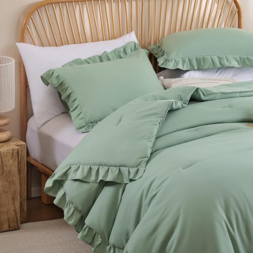 JANZAA Sage Green Comforter Set California King, Ruffle Soft Bedding