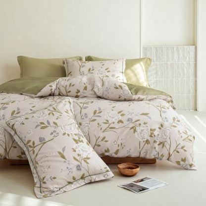 Queen Comforter Set 3 Pieces, 100% Cotton Light Grey Floral Bedding Set for All‑Season, Soft Hypoallergenic Comforter with 2 Pillow Shams