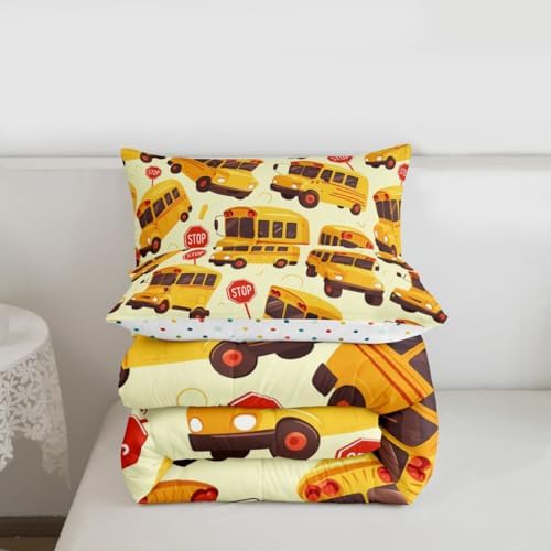 Erosebridal School Bus Queen Comforter Set for Kids, Cartoon Truck Bedding Set for Boys Girls Teens Youth Bedroom Decor, School Theme Comforter, Yellow Vehicle Quilt with 2 Pillowcases, 3 Pcs
