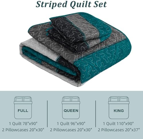 Cottolester Boho Quilt Set Full,Striped Plaid Bedspreads t Set,Peacock Blue