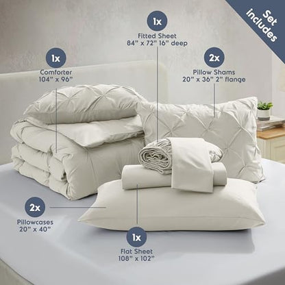 Nestl 9 Piece California King Comforter Set – Off White Pinch Pleated Bed in a Bag – Complete Cal King Size Bedding Set with Sheets, Set of 2 Cooling Pillows, Pillowcases and Shams