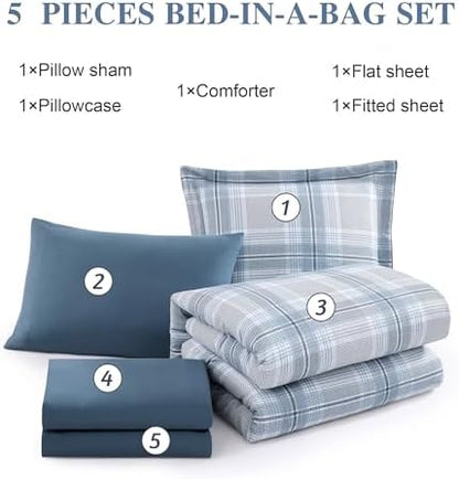 Plaid Twin XL Comforter Set Light Blue 5 Pieces College Dorm Bed in a Bag