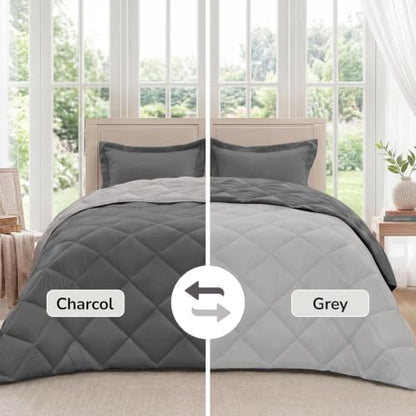 downluxe Full Size Comforter Set - Charcoal and Grey Full Comforter - Soft Bedding Sets for All Seasons -3- Piece Comforter Set Full with 2 Reversible Pillow Shams