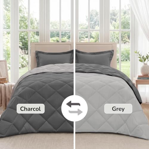 downluxe Queen Comforter Set Soft Reversible 3 Pieces, Charcol/Grey