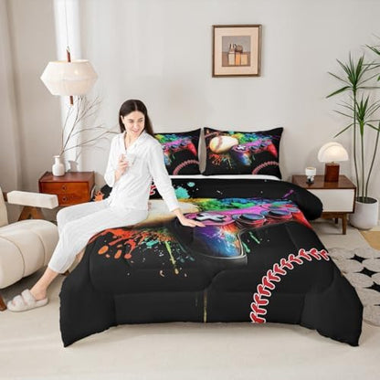 Castle Fairy Ball Sports Game Tie Dyed 3 Pcs King Size Comforter Set,Kids Baseball Gaming Down Alternative Adults Bedroom Decor,Baseball Gamepad Ultra Soft Microfiber Inner Fill 3 Pcs Bedding
