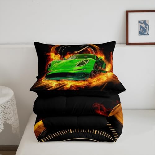 Erosebridal King Size Race Car Comforter Set for Boys Girls,Green Cars Toddler Bedding Set Race Car Room Decor for Boys,Kids Sports Car Bedding Sets Lightweight Soft Racing Car Quilt Bed Set 3Pcs