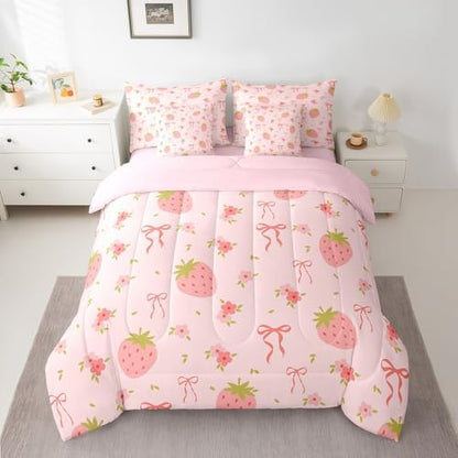 Erosebridal Strawberry Bed in a Bag Queen Comforter Set 7 Piece,Pink Bow Tie Bedding Set,Princess Silk Ribbon Comforter and Sheet Set Cute Bowknot Bed Set,Boho Floral Flowers Pink Kawaii Room Decor