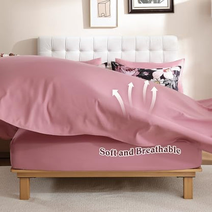 Luxudecor Queen Comforter Set 7 Pieces Bedding Sets,Black Pink Floral Comforter and Sheet Set,Soft Microfiber Bed in a Bag for All Seasons (Black Pink,90"x90")