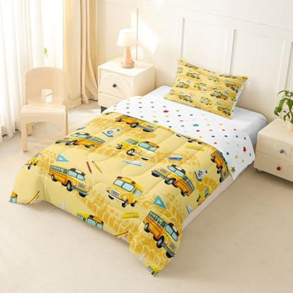 Feelyou School Bus Comforter Set Toddler Size Cartoon Truck Bedding Set for Kids Boys Girls Yellow Transport Vehicles Duvet Quilt Bedroom Decor Microfiber 2 Pcs with 1 Pillow Case