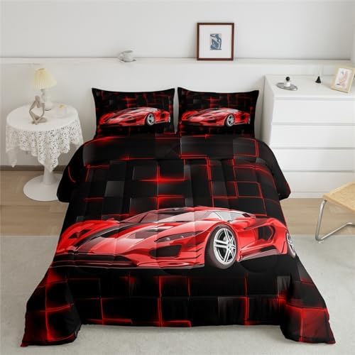 Feelyou Kids Red Race Car Comforter Set Full Size Speed Sports Car Bedding