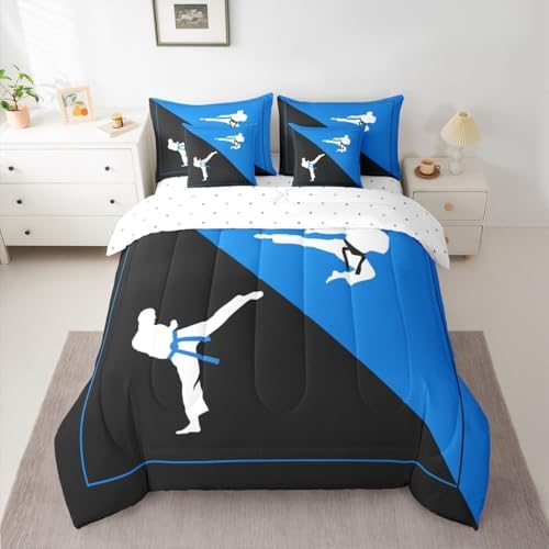 Castle Fairy 7 Pieces Taekwondo Comforter Set for Kids Black Blue Bedding Set Queen Size,Japanese Style Comforter for Boys Girls Adult Kungfu Super Soft Fade Resistant Microfiber Bedding