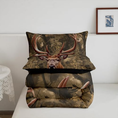 Feelyou Deer Bedding Set Queen Size Deer Hunting Comforter Set for Kids Boys Girls Decor Rustic Farmhouse Comforter Tree Branches Duvet Set with 2 Pillowcase 3Pcs Bedding