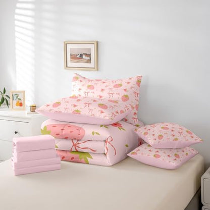 Erosebridal Strawberry Bed in a Bag Queen Comforter Set 7 Piece,Pink Bow Tie Bedding Set,Princess Silk Ribbon Comforter and Sheet Set Cute Bowknot Bed Set,Boho Floral Flowers Pink Kawaii Room Decor