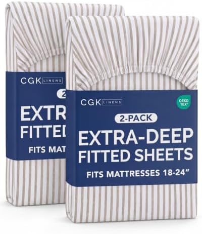 CGK Linens 2 Pack Extra Deep King Fitted Sheets - Beige Stripes