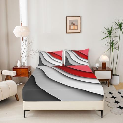 Feelyou Abstract Ombre Red Gray White Bed Sheets Men Adults Teens Ocean Waves Striped Sheet Set Kids Boys Girls Modern Gradient Contemporary Bed Set Bedroom Collection 4Pcs Full Size